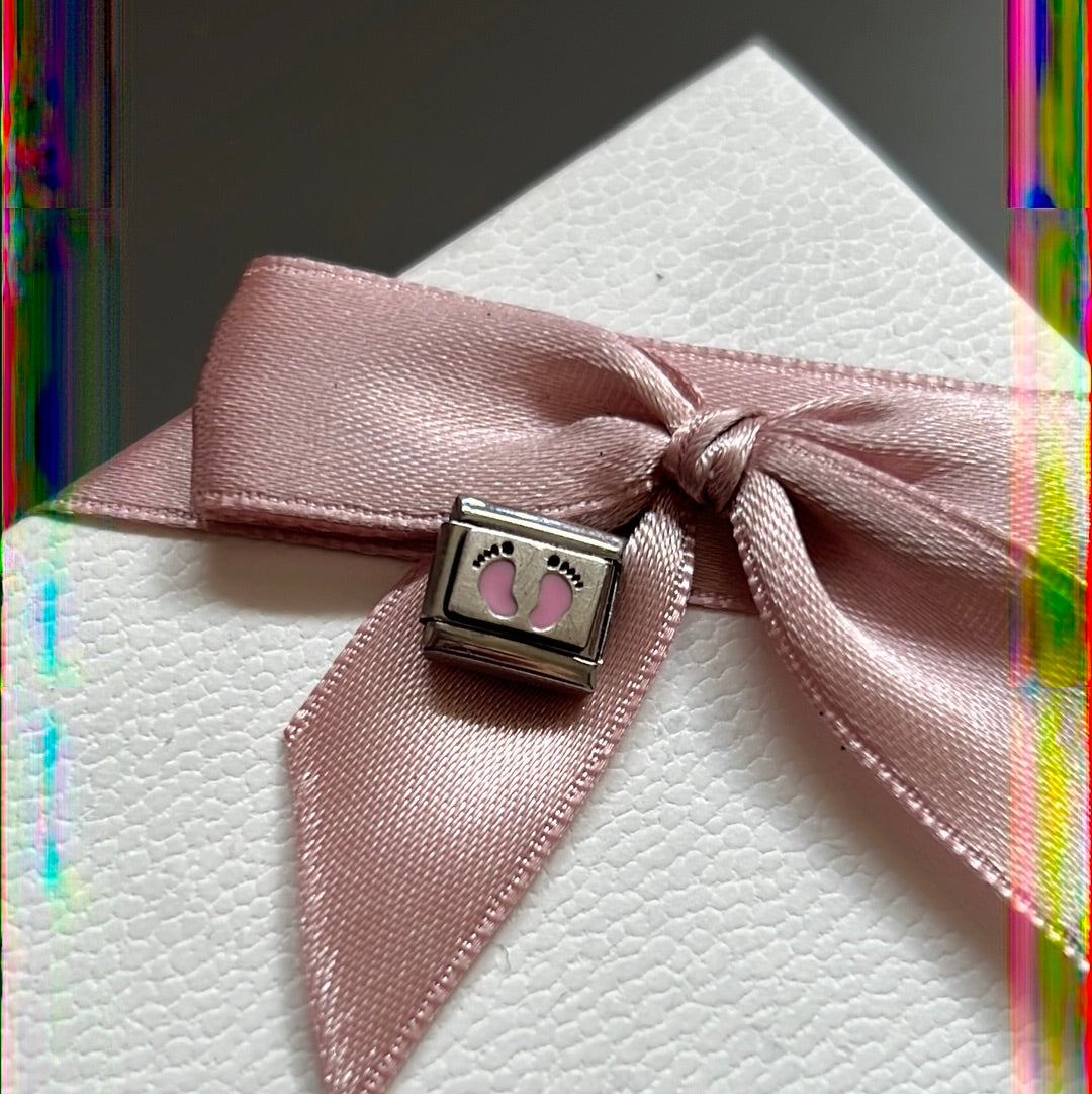 Genuine Nomination Silver Link Charm Enamel Pink Footprints Baby Girl