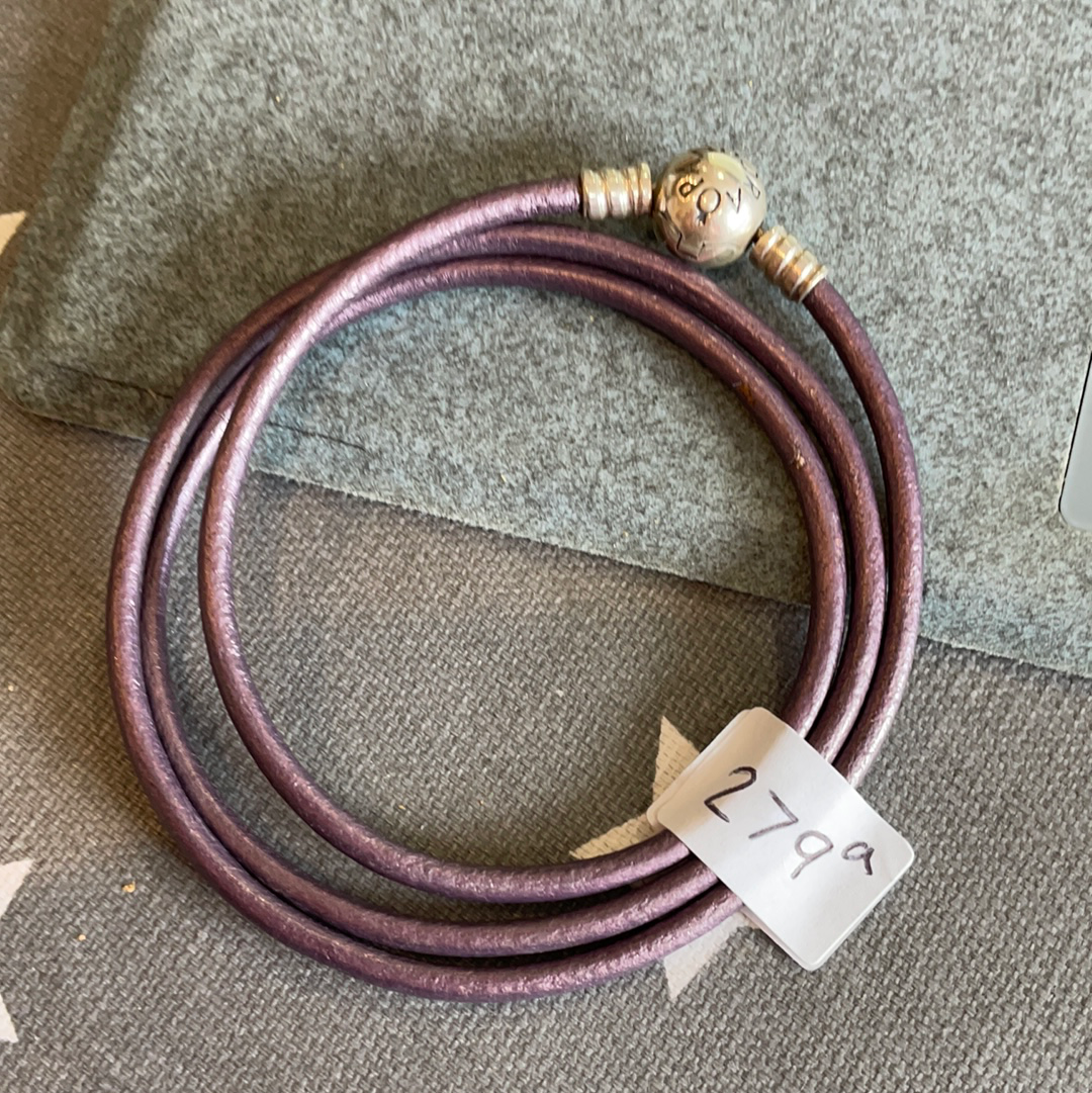 Genuine Pandora Purple Leather Triple Wrap Around Bracelet