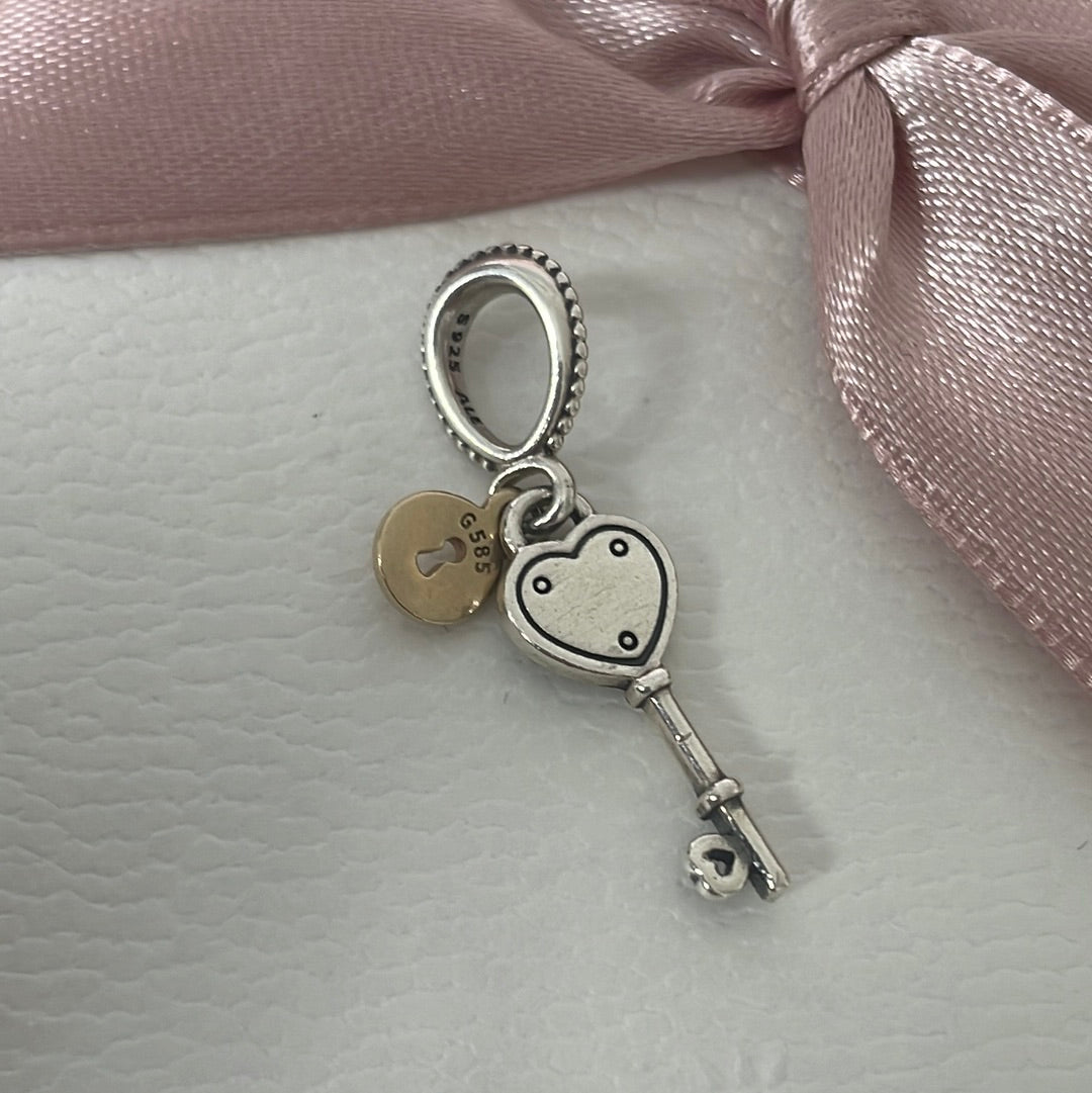 Genuine Pandora Two Tone Lock and Heart Key Dangle Charm Pendant