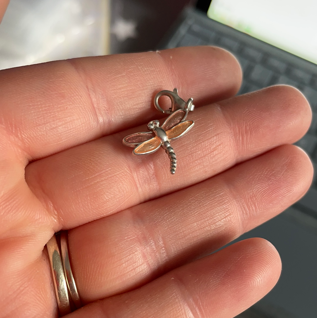 Thomas Sabo Sterling Silver Enamel Dragonfly Clip Dangle With Golden and Pink Wings HTF