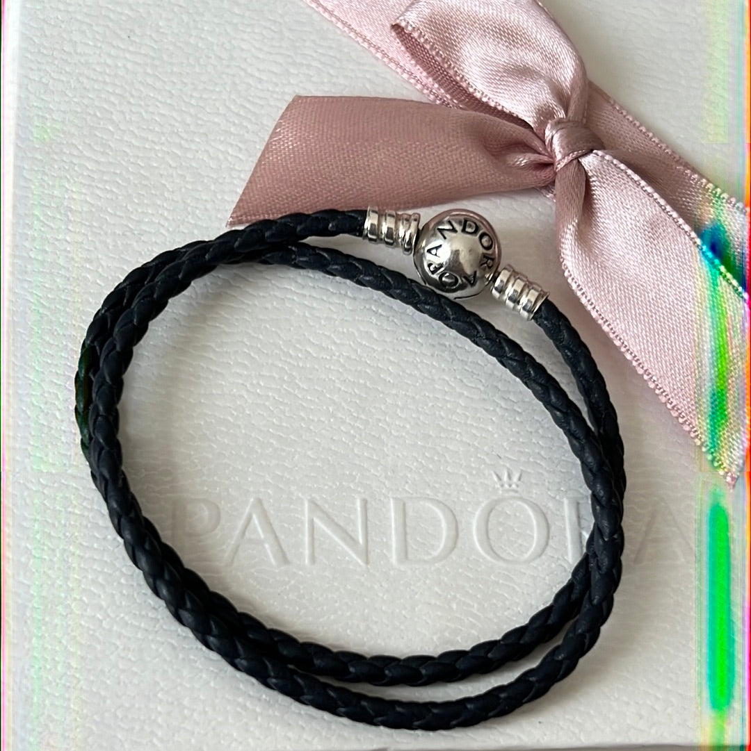 Genuine Pandora Blue/ Black Leather Double Wrap Bracelet
