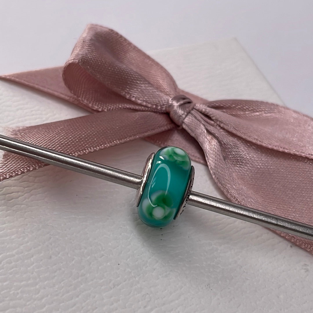 Genuine Pandora Green and Light Pale Green Flowers Murano Glass Charm