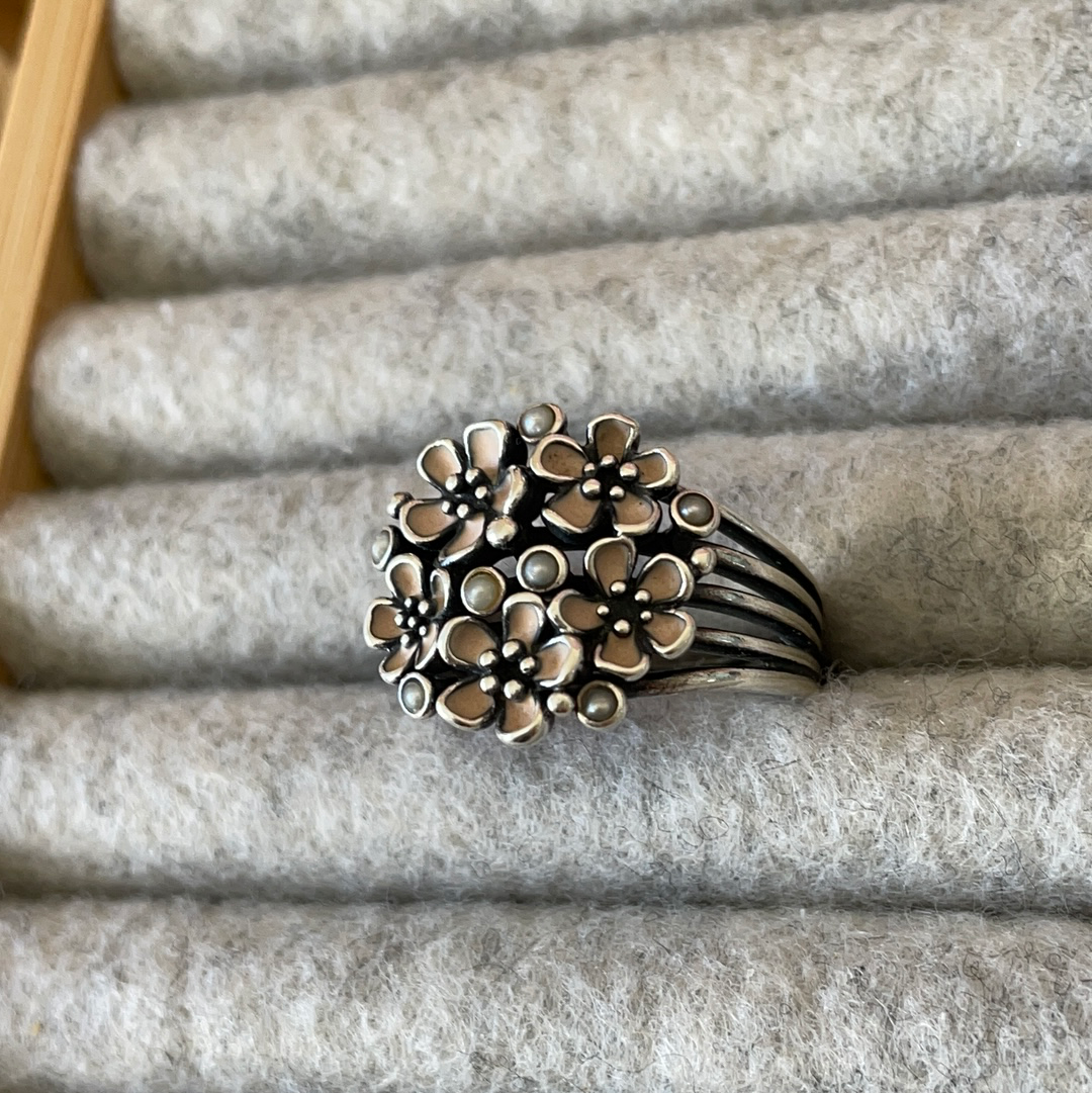 Genuine Pandora Cherry Blossom Ring With Pearls HTF RARE Size 56