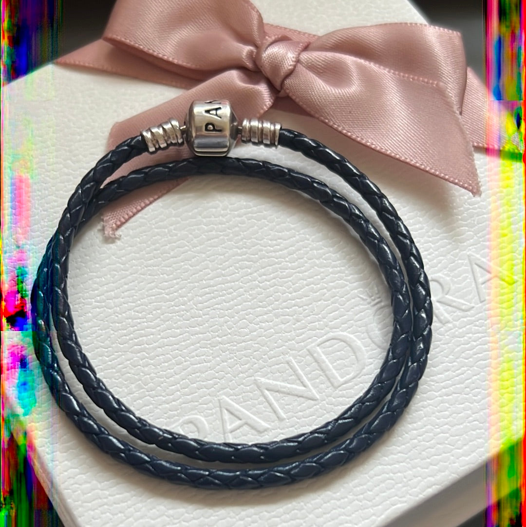 Genuine Pandora Blue Leather Bracelet Double Wrap Clasp