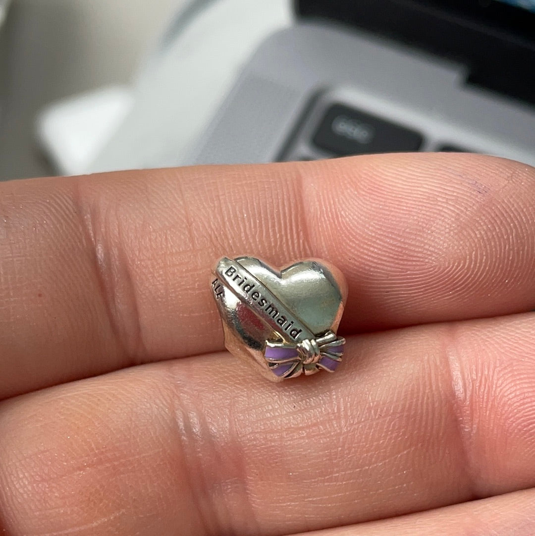 Genuine Pandora Purple Enamel 'Bridesmaid' Bow Heart Charm