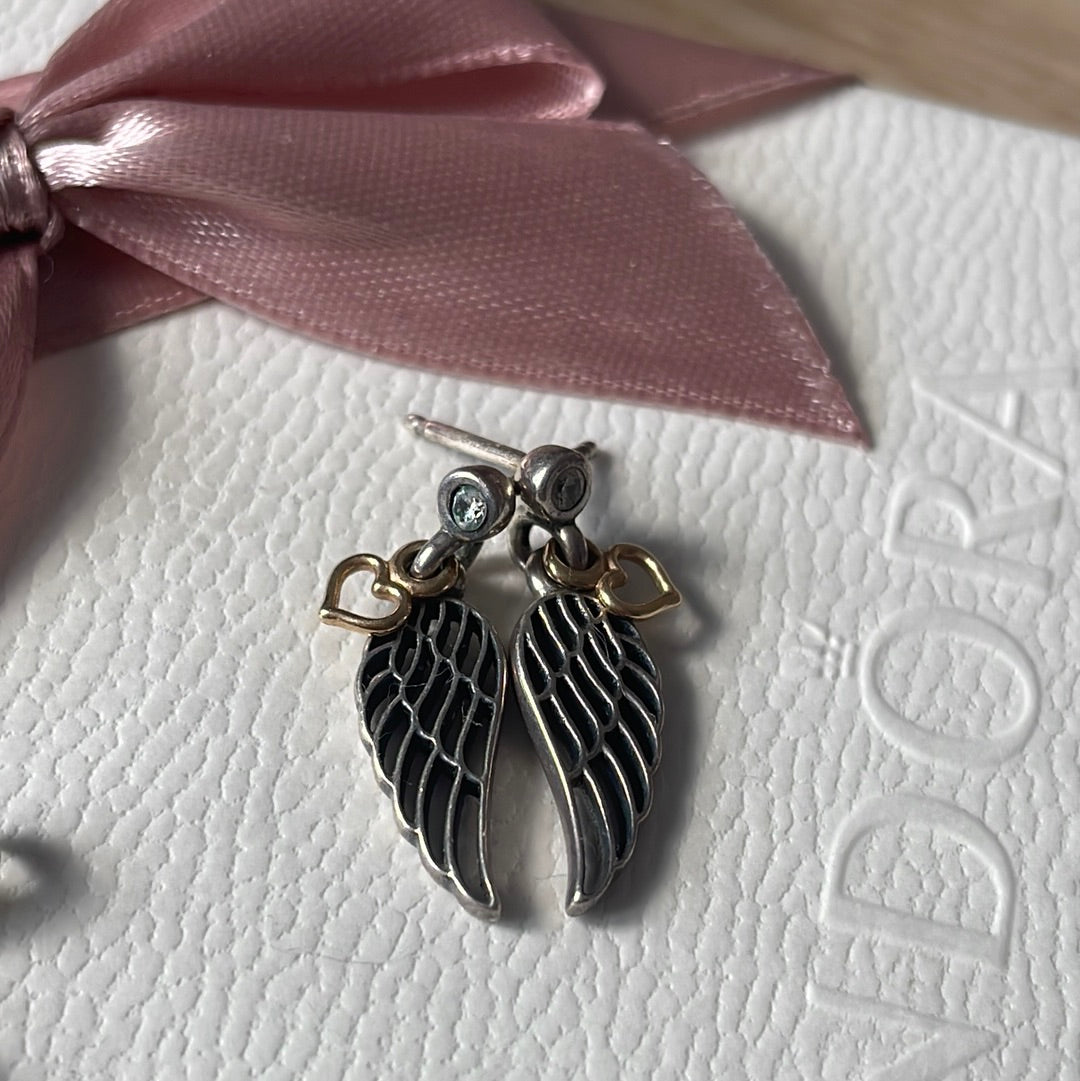 Genuine Pandora Angel Wing Feather Two Tone Earrings