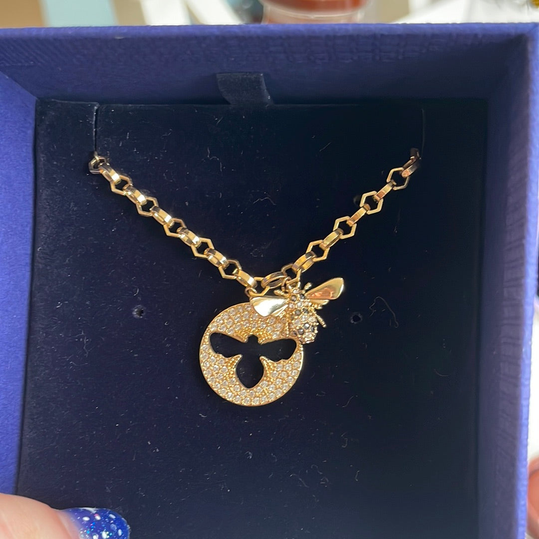 Genuine Swarovski Gold Queen Bee Honeycomb Chain Dangle Necklace 50cm
