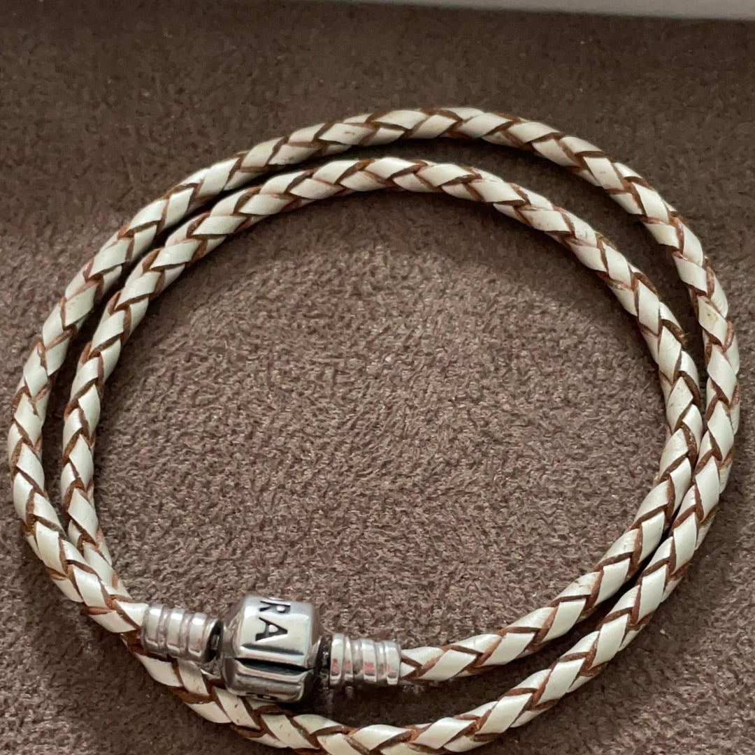 Genuine Pandora Cream and Brown Double Leather Bracelet Size Large