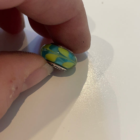 Genuine Pandora Lime Green Swirl Paint on a Green Background Murano Charm