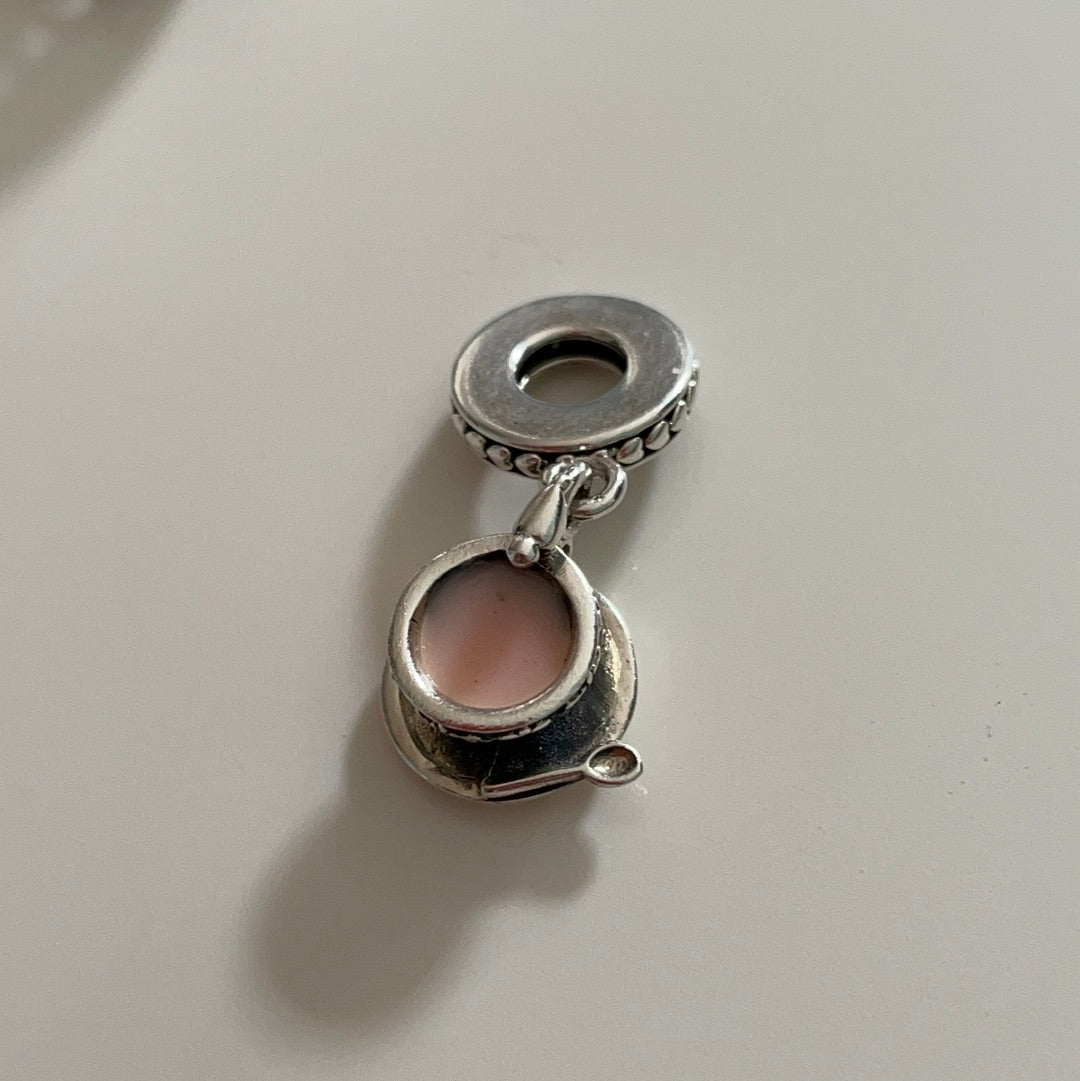 Genuine Pandora Teacup and Saucer Enchanted Garden Dangle with Pink Enamel