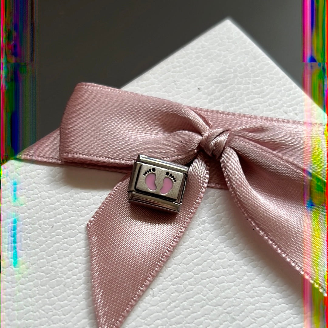 Genuine Nomination Silver Link Charm Enamel Pink Footprints Baby Girl