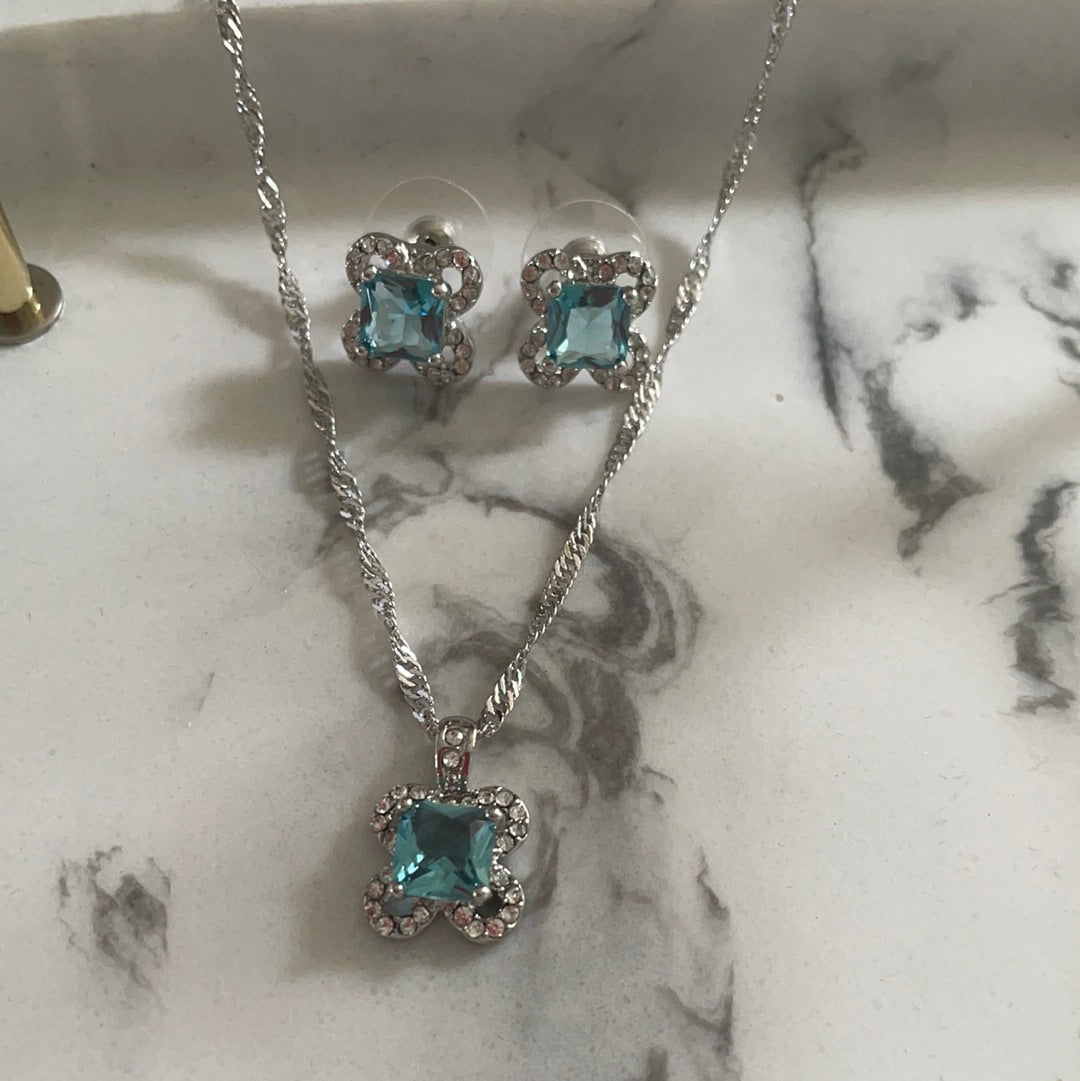 Brand New Set of Earrings and Necklace With Flower Pale Blue Stone Pave