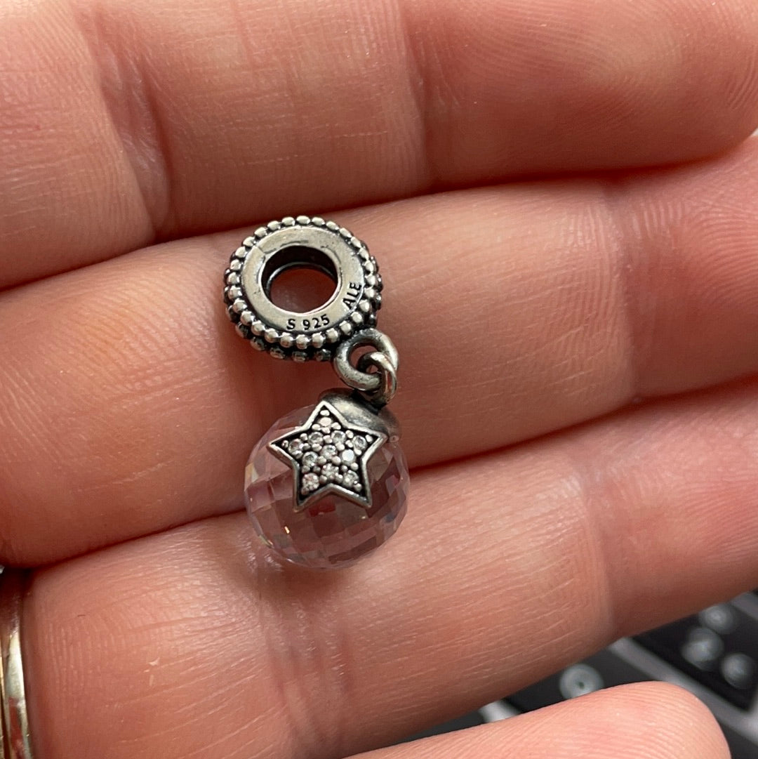 Genuine Pandora Clear Faceted Glass Murano Dangle With Pave Star Charm
