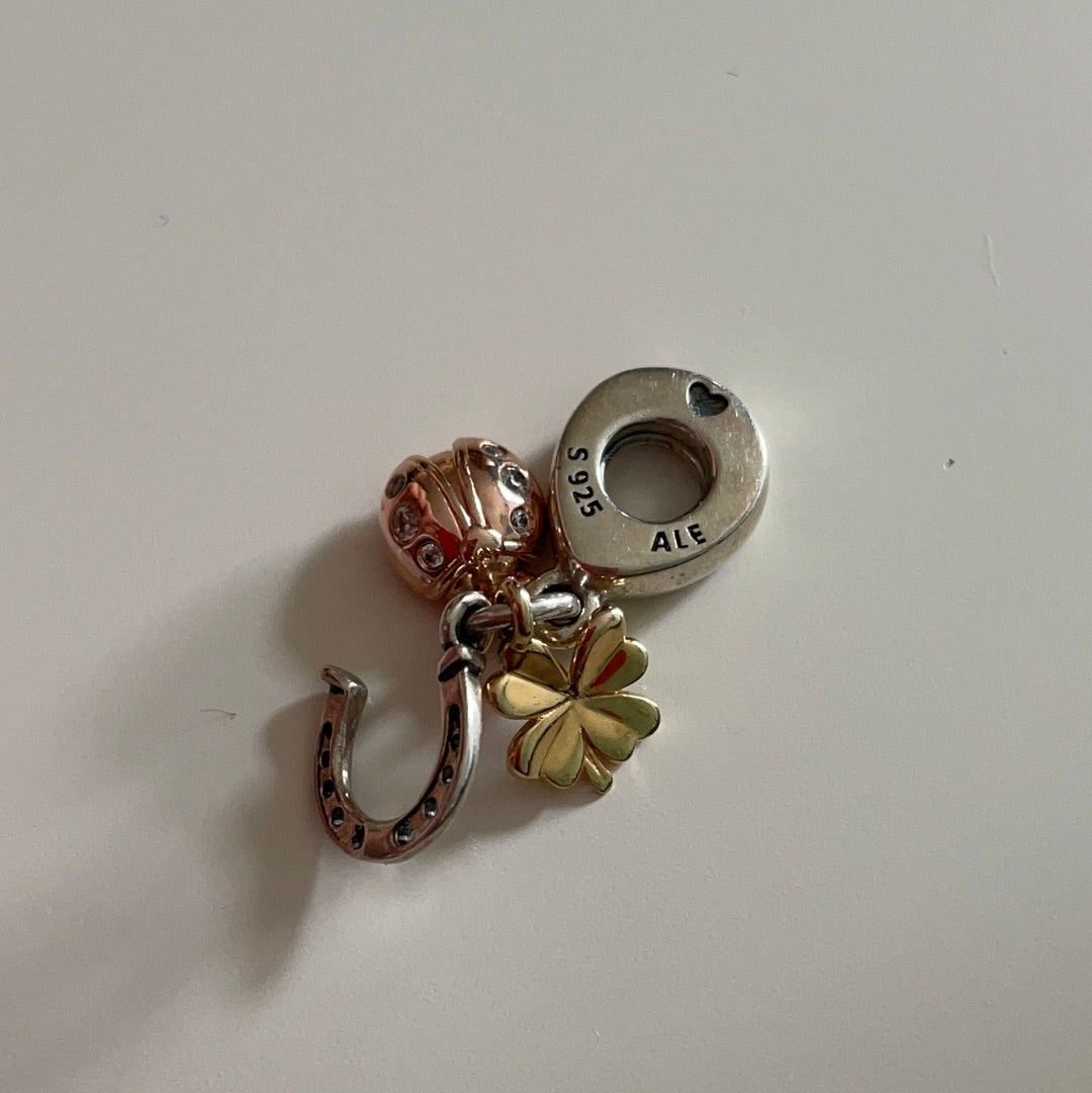 Genuine Pandora Lucky Charm Tri Tone Dangle Ladybird, Horseshoe and Clover