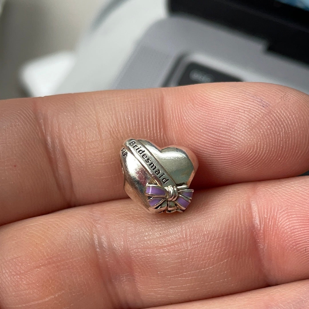 Genuine Pandora Purple Enamel 'Bridesmaid' Bow Heart Charm