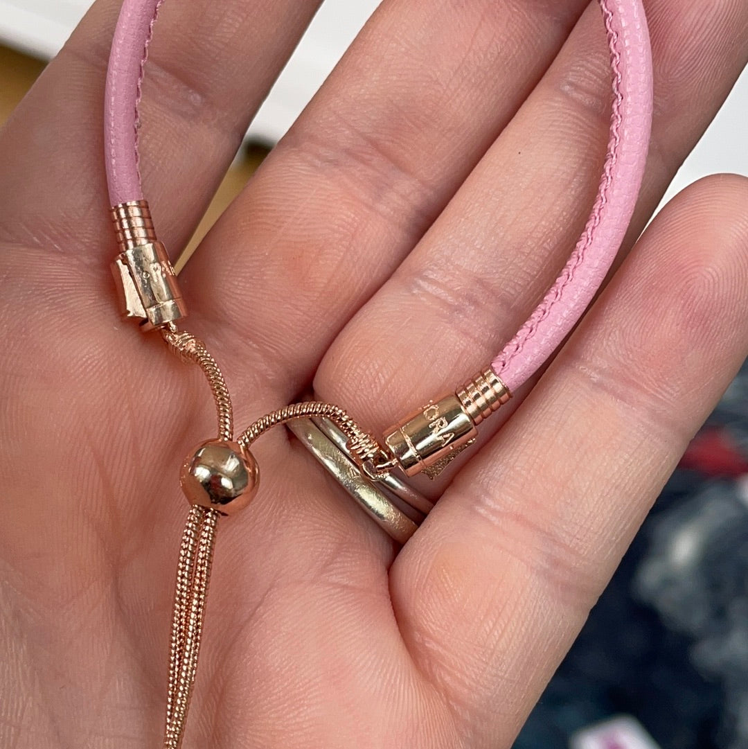 Genuine Pandora Rose Gold Black Pink Leather Slider Bracelet
