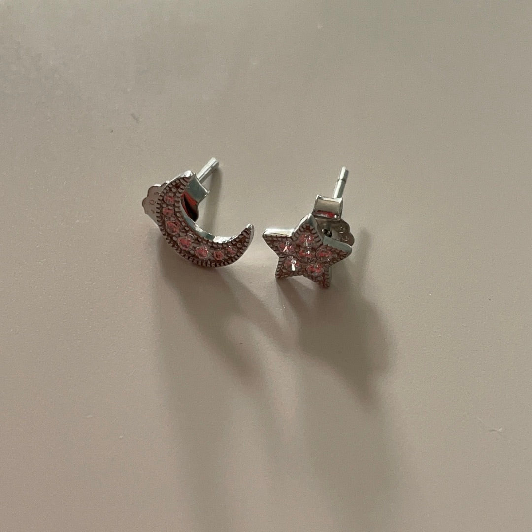 Brand New Pave CZ Star and Moon Earrings Studs Mismatched Set