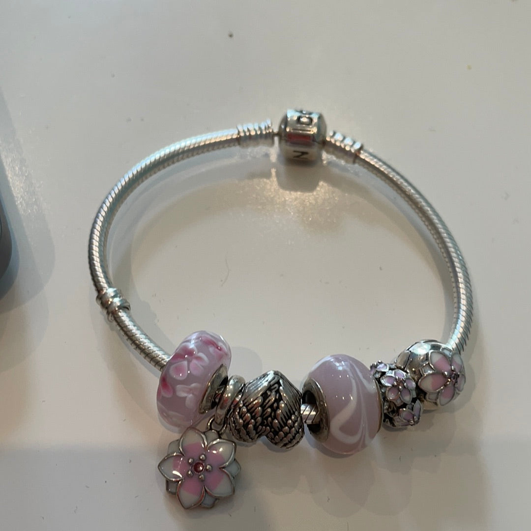 Unbranded Brand New Starter Bracelet. Sterling Silver Pink Magnolia Flower and Angel Set