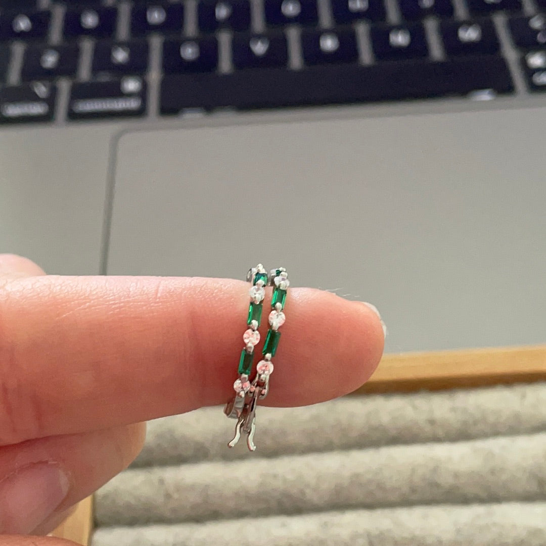 Brand New Sterling Silver Hoops With Green Emerald and Clear Coloured CZ Pave Earrings