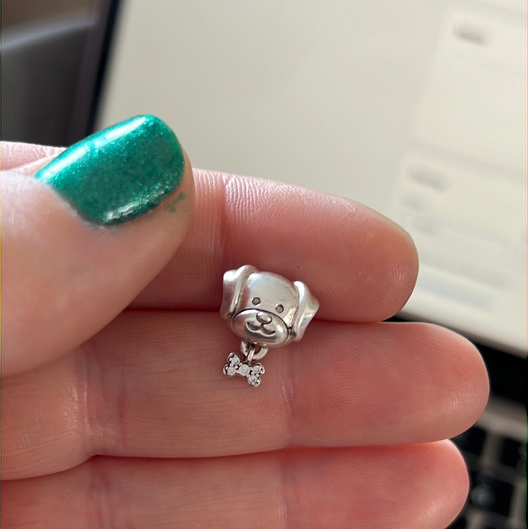 Genuine Pandora Dog Face Charm With Dangle Pave Bone