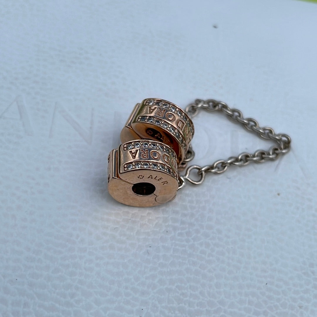 Genuine Pandora Rose Gold Logo Clip Safety Chain Silicone Insert
