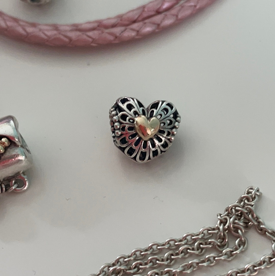 Genuine Pandora Vintage Heart Two Tone Openwork Charm