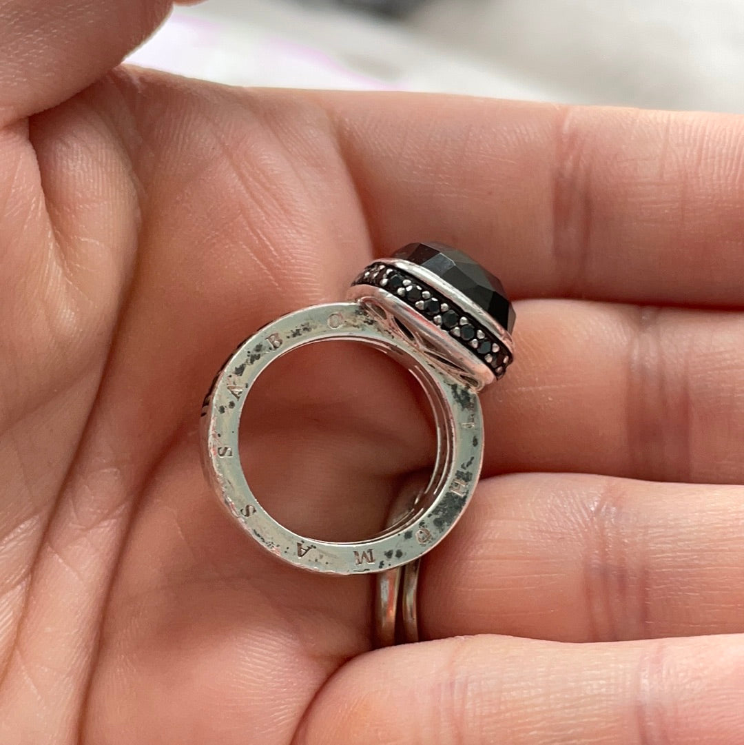 Thomas Sabo Sterling Silver Large Faceted Black Stone Statement Ring Size 51