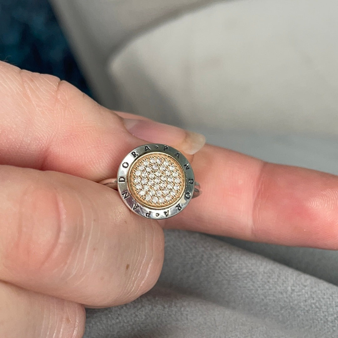 Genuine Pandora Two Tone Large Pave Signature Circle Ring Size 56