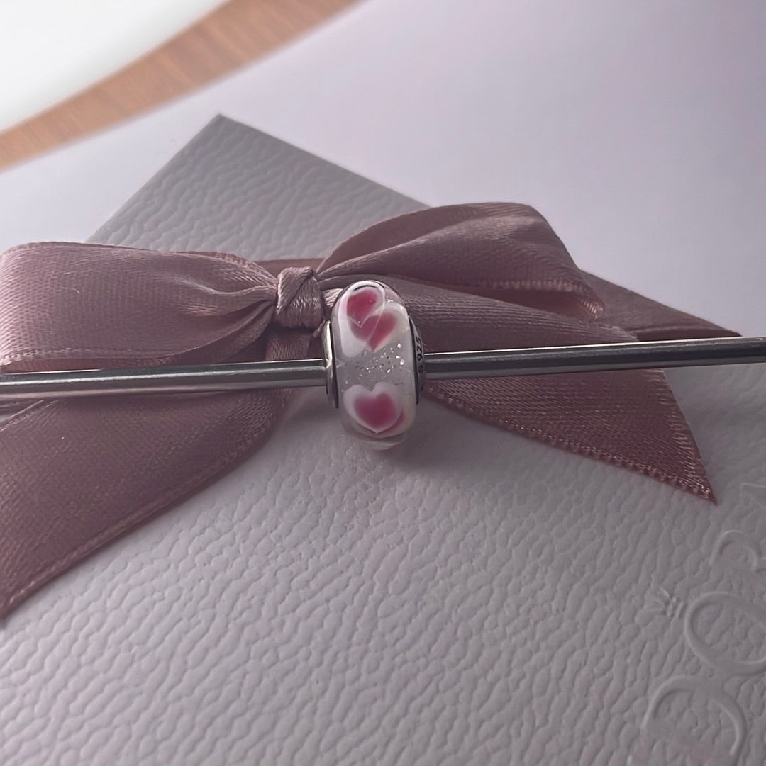 Genuine Pandora Glittery Pink Double Heart Murano