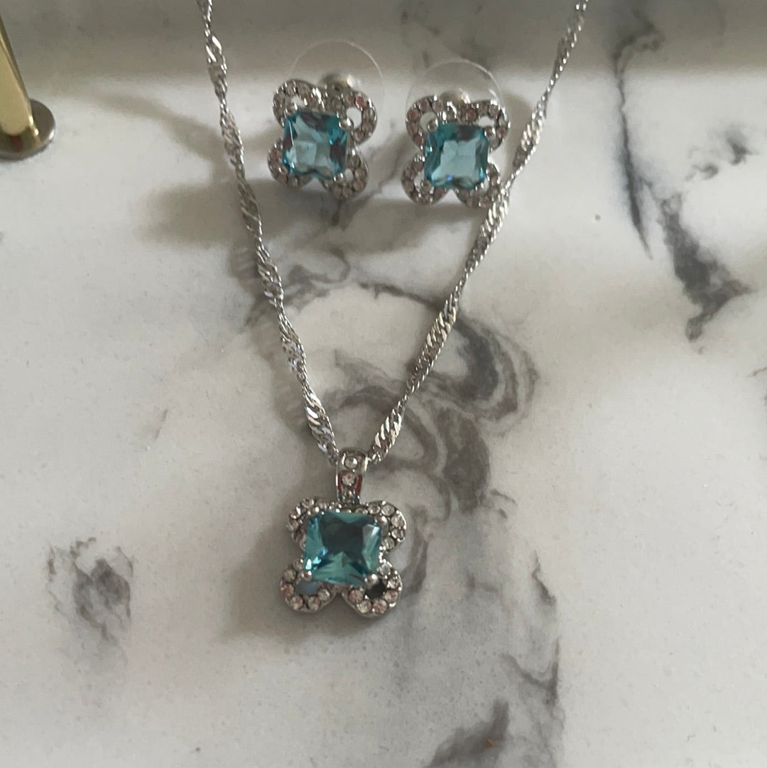 Brand New Set of Earrings and Necklace With Flower Pale Blue Stone Pave