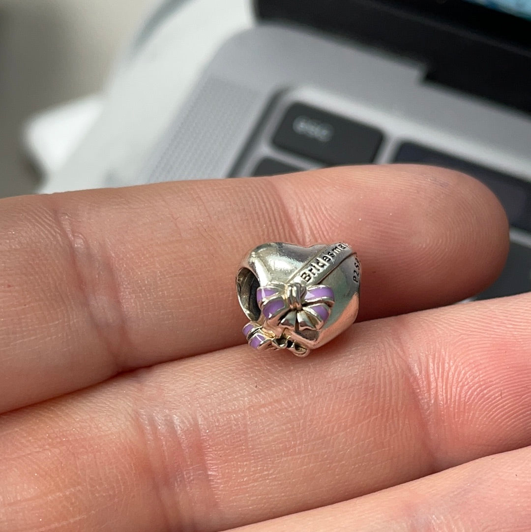 Genuine Pandora Purple Enamel 'Bridesmaid' Bow Heart Charm