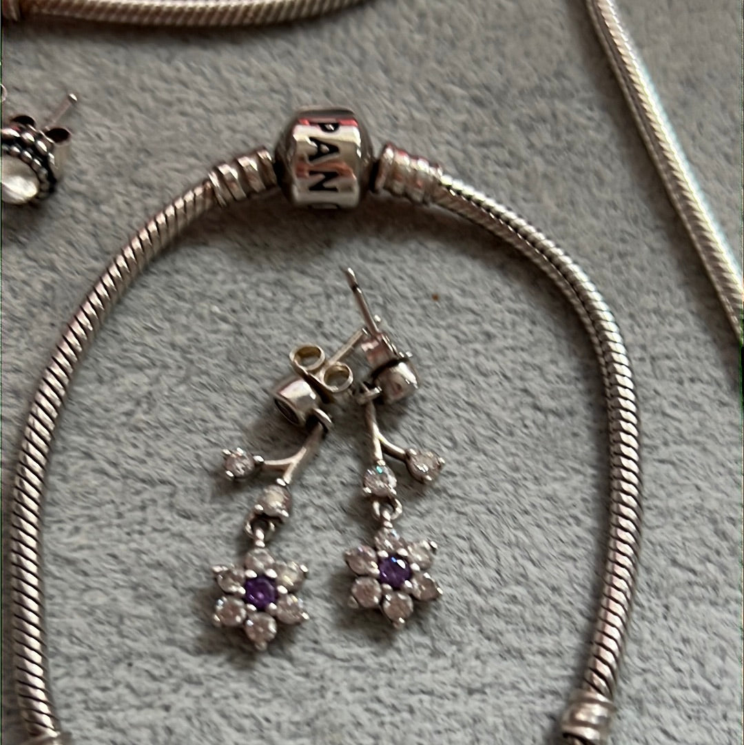 Genuine Pandora Purple Pave Dangle Forget Me Not Earrings