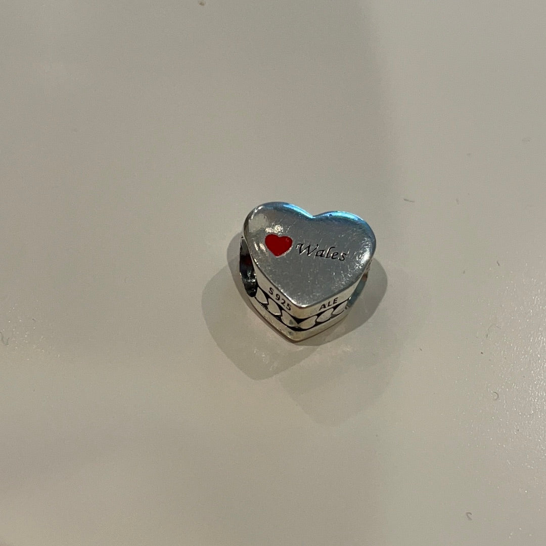 Genuine Pandora Silver Puffed Heart Charm With I Love Wales And Enamel Heart Charm