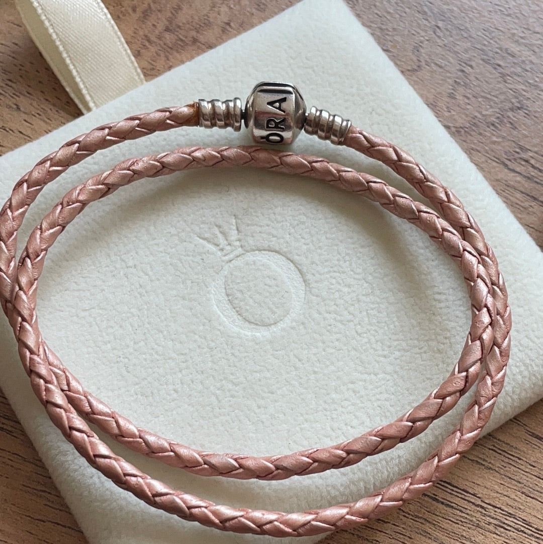 Genuine Pandora Double Wrap Leather in Pink Small Old Style Clasp Large