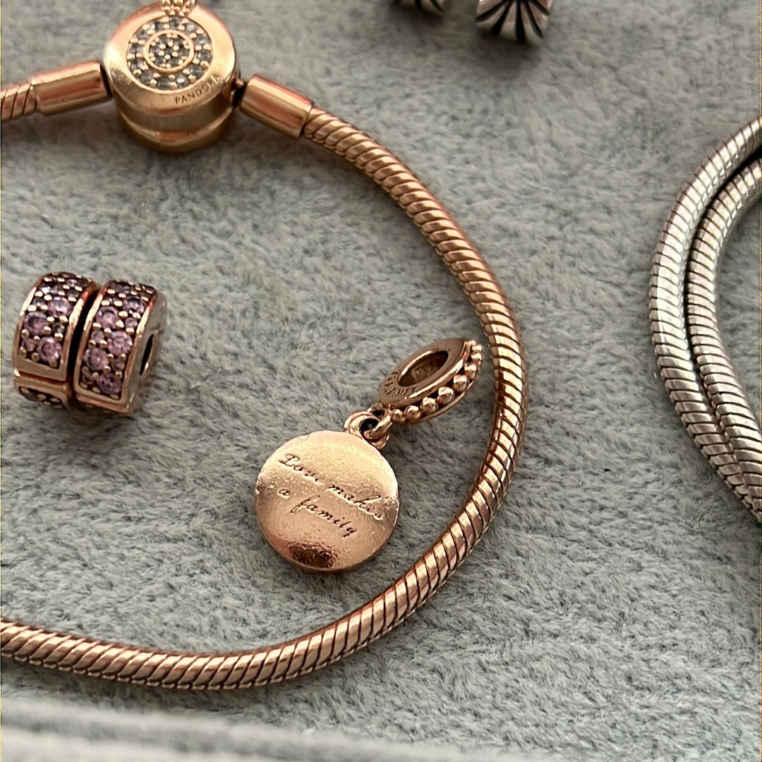 Genuine Pandora Rose Gold Enamel Pink “Love Makes a Family” Charm Dangle