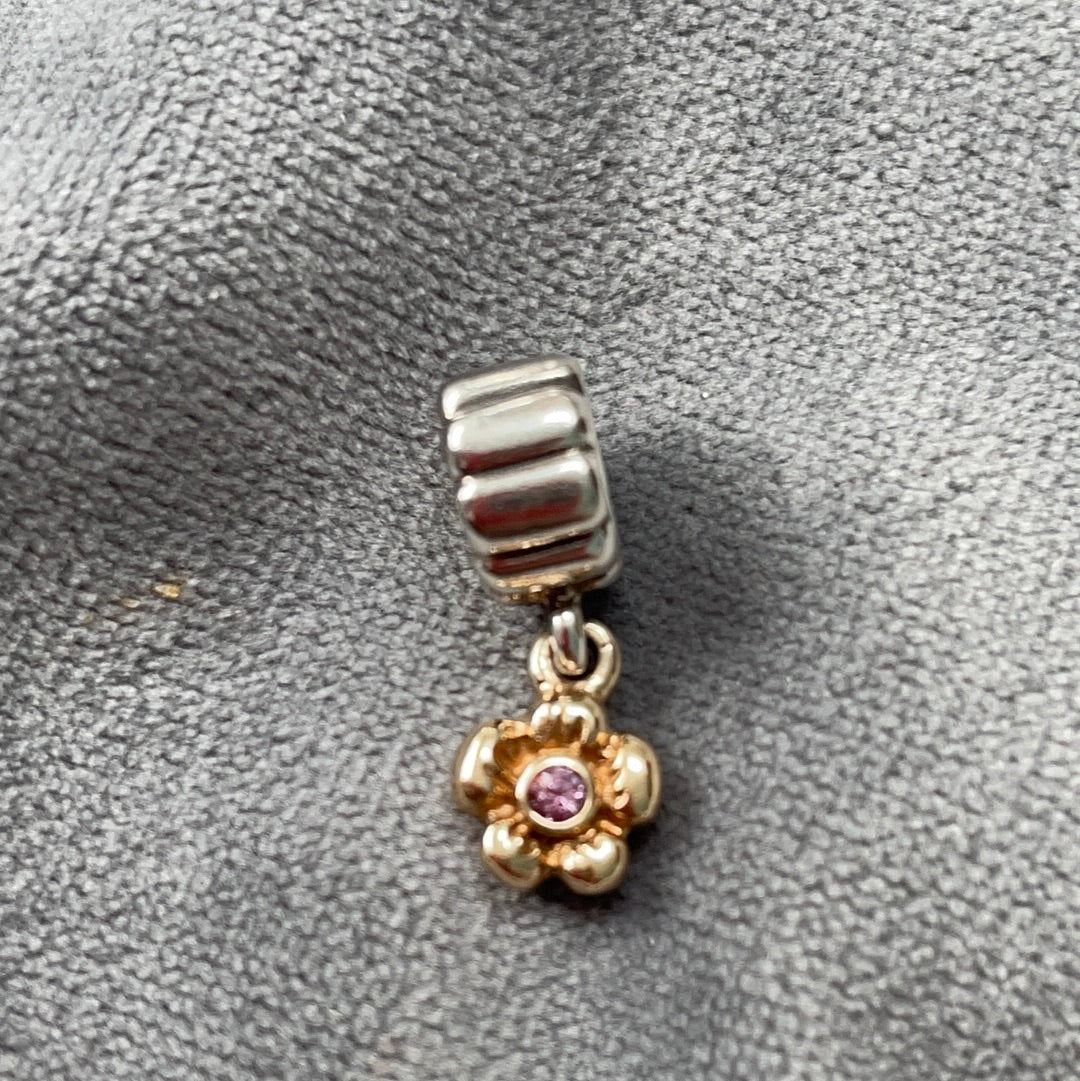 Genuine Pandora Two Tone RARE HTF Pink Sapphire 14ct Gold Flower Dangle Charm
