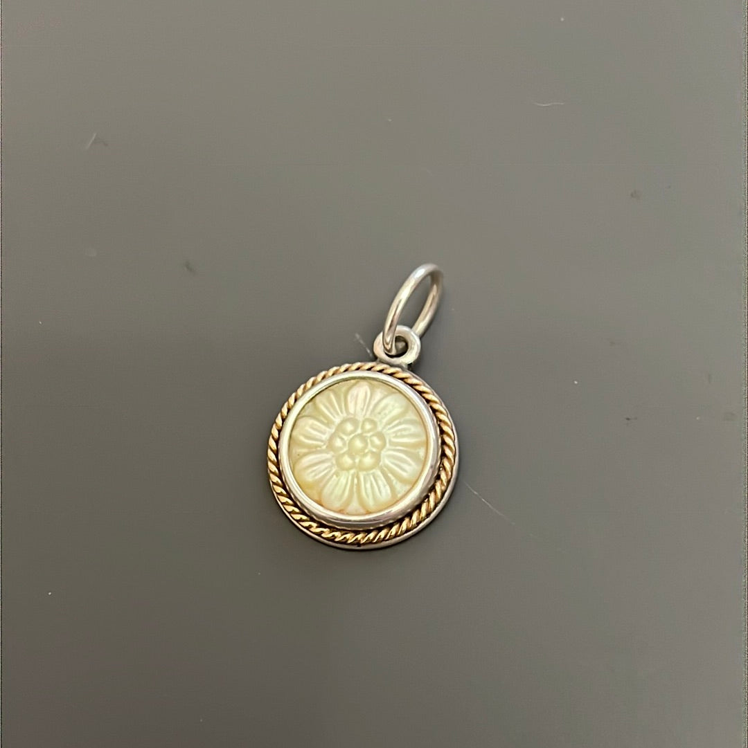 Genuine Pandora RARE and Beautiful White Mother of Pearl Two Tone Rope Flower Pendant Charm