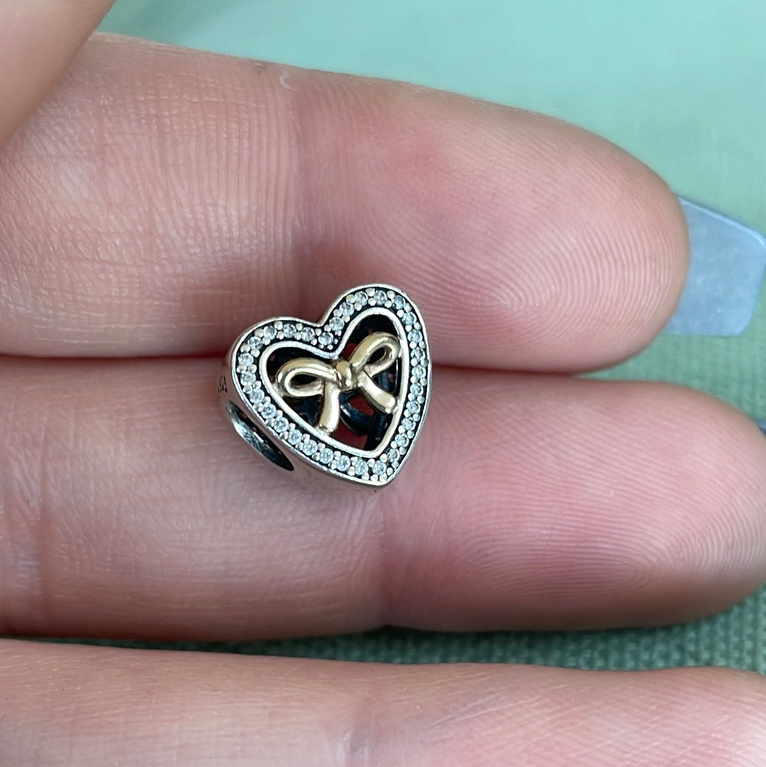 Genuine Pandora Pave Openwork Heart With Two Tone Gold Bow