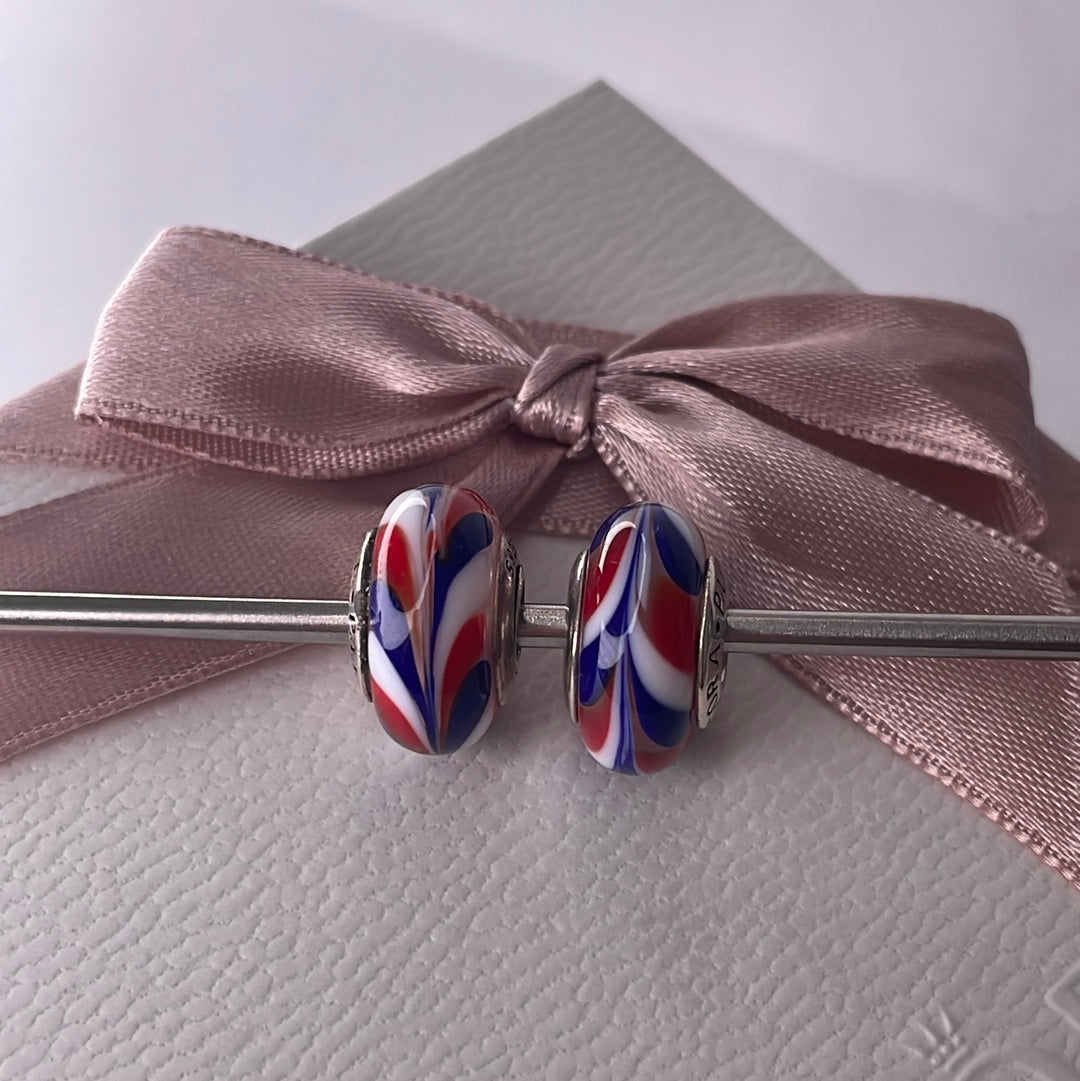 Genuine Pandora Red, Blue, White Swirl Paint UK GB Travel Murano Glass Charm