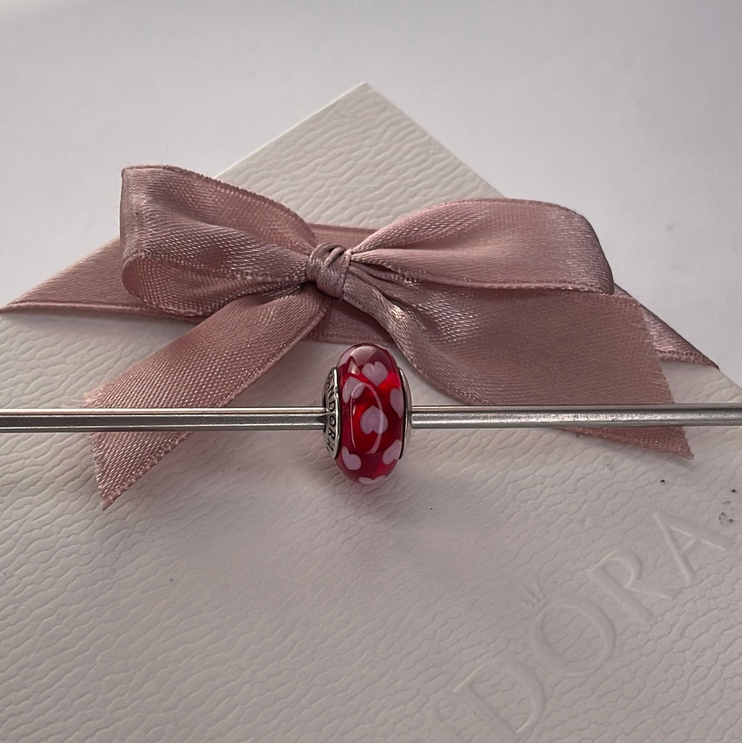 Genuine Pandora Light Pink Hearts on a Red Background Murano Charm