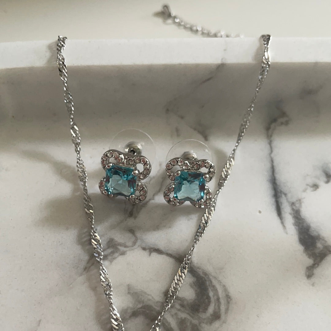 Brand New Set of Earrings and Necklace With Flower Pale Blue Stone Pave