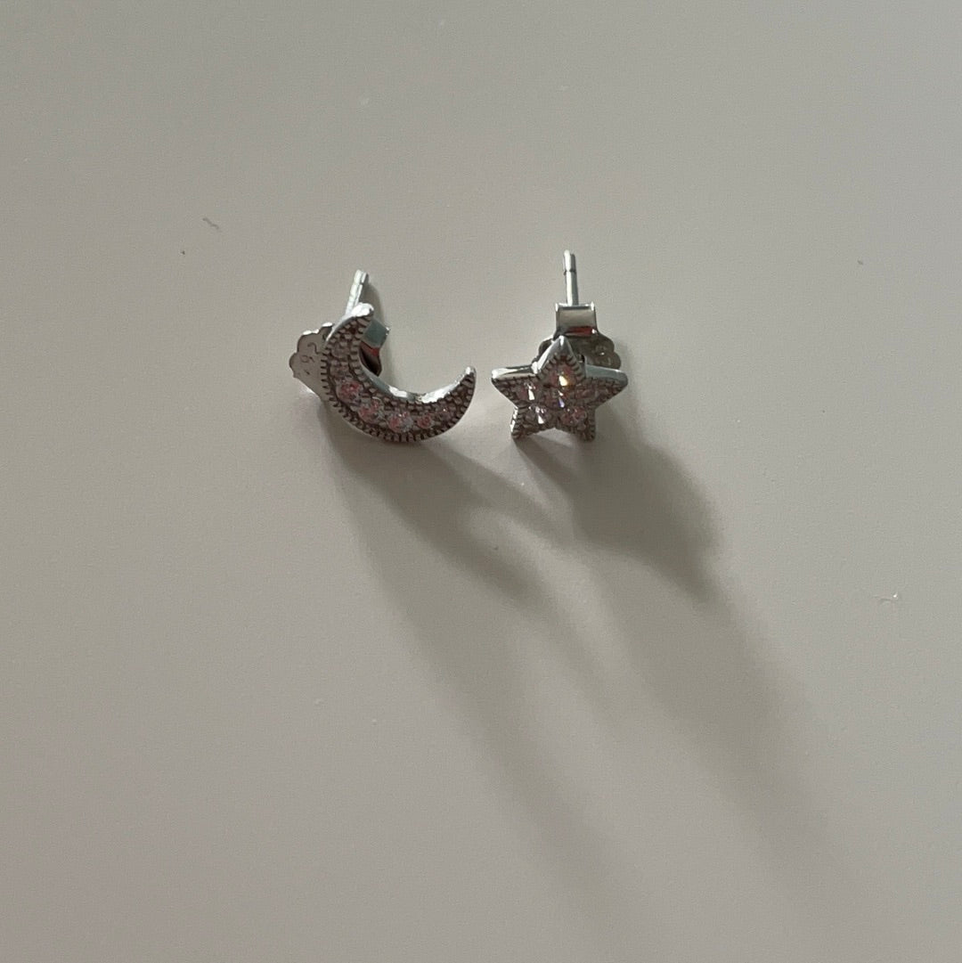 Brand New Pave CZ Star and Moon Earrings Studs Mismatched Set