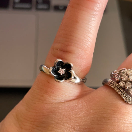 Genuine Pandora Black Flower Mystical Floral Collection Ring Size 50