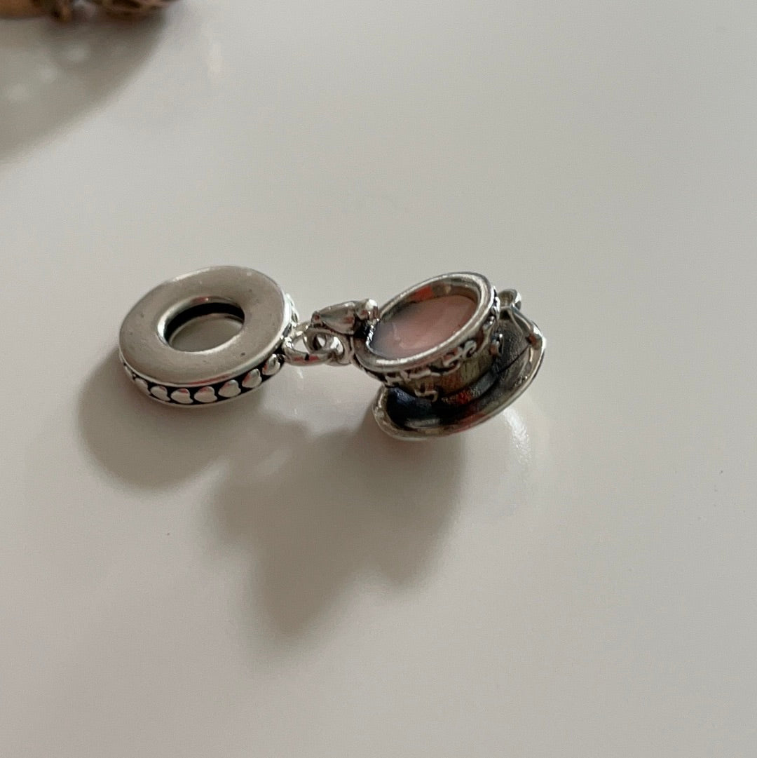 Genuine Pandora Teacup and Saucer Enchanted Garden Dangle with Pink Enamel