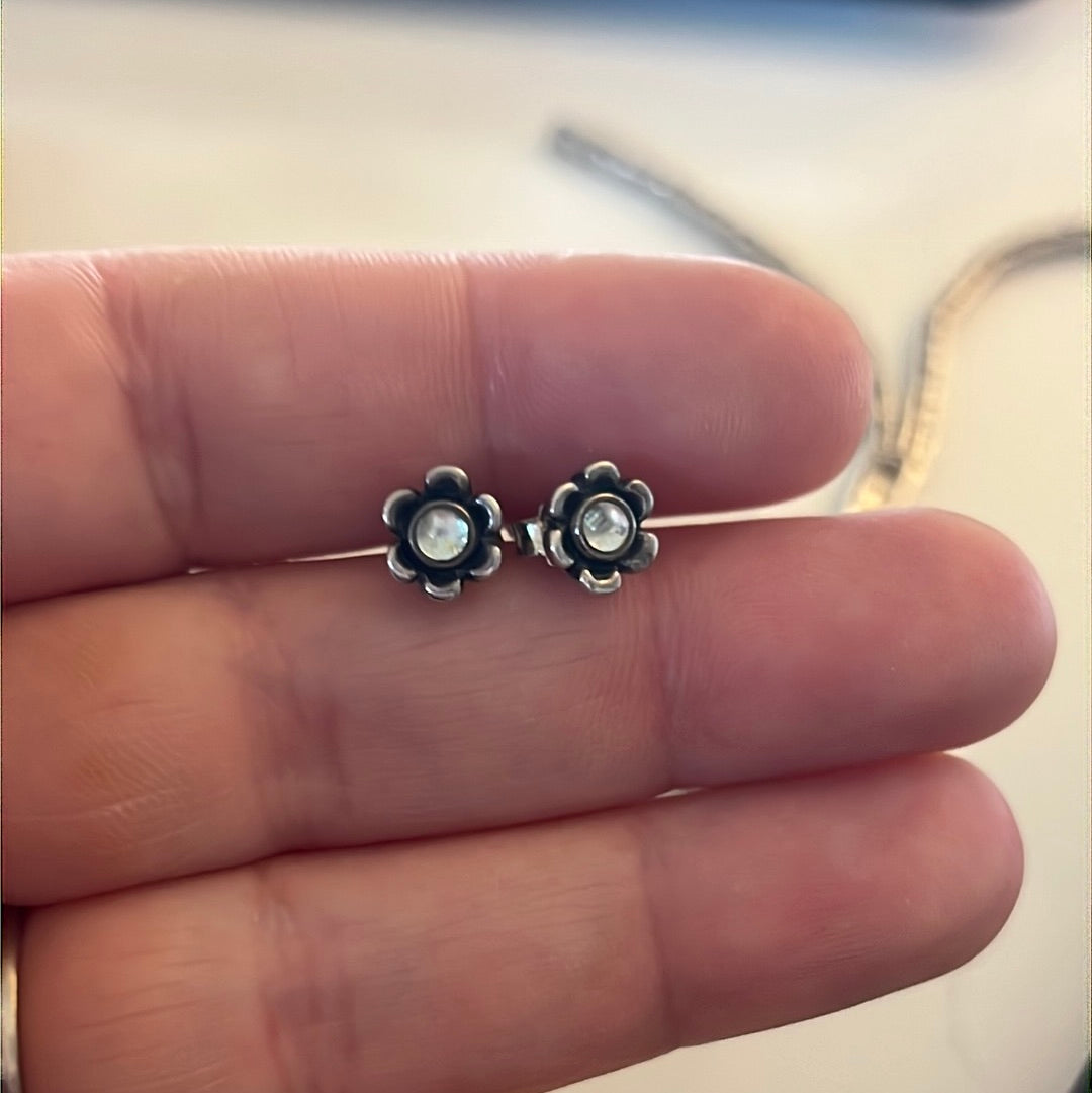 Genuine Pandora Topaz Moonstone Flower RARE HTF Earrings Studs