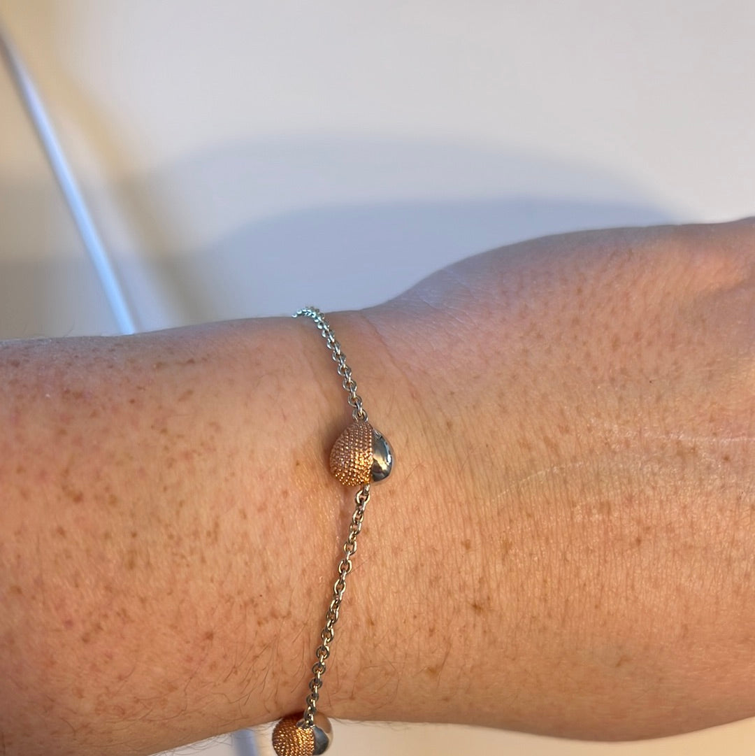 Genuine Links of London Sterling Silver T-Bar Bracelet With Half Rose Gold and Half Silver Hearts