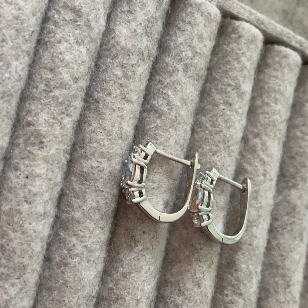 Brand New Sterling Silver Small Sleeper Hoops With Three Stone Iridescent Detail