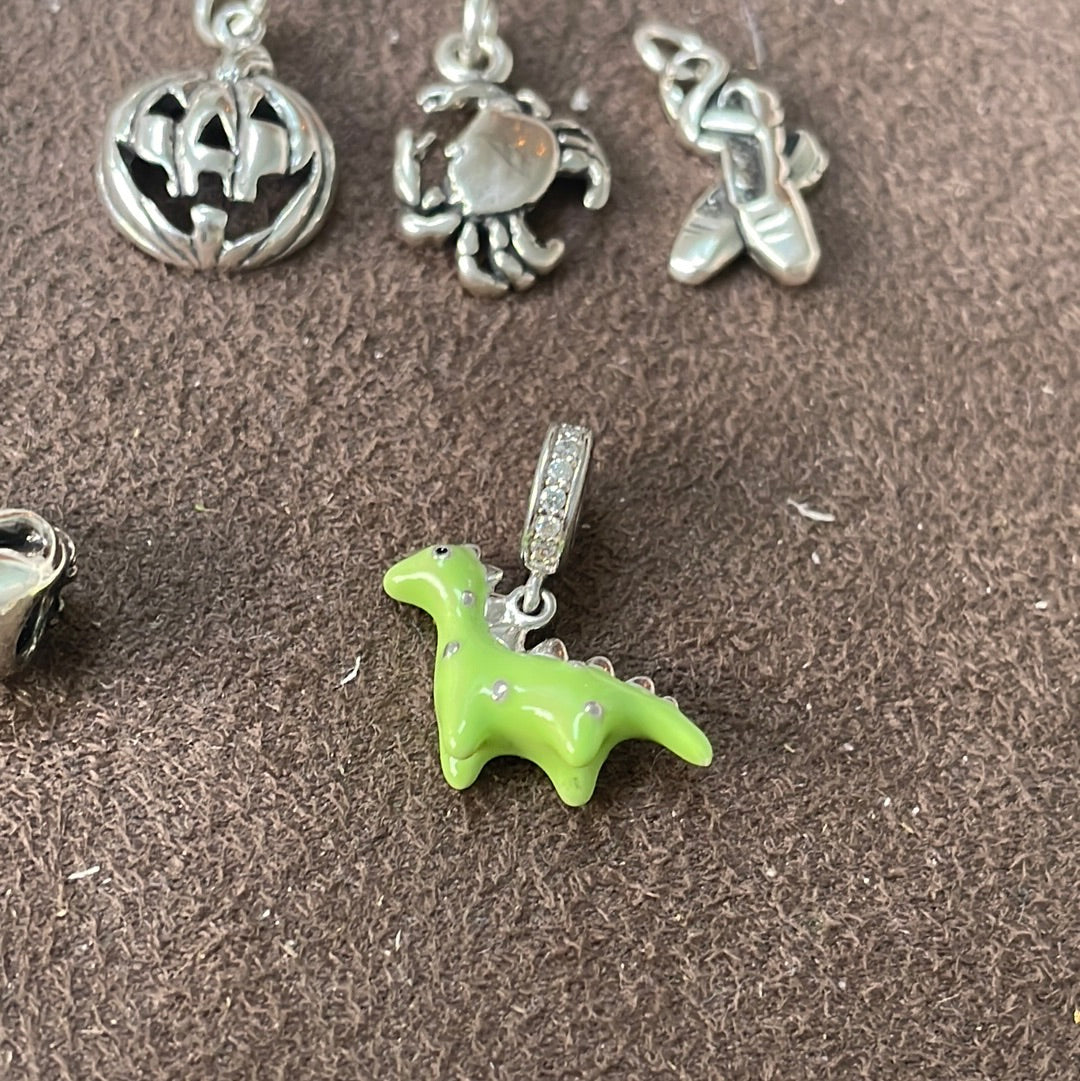 Sterling Silver Enamel Green Dinosaur Dangle Charm