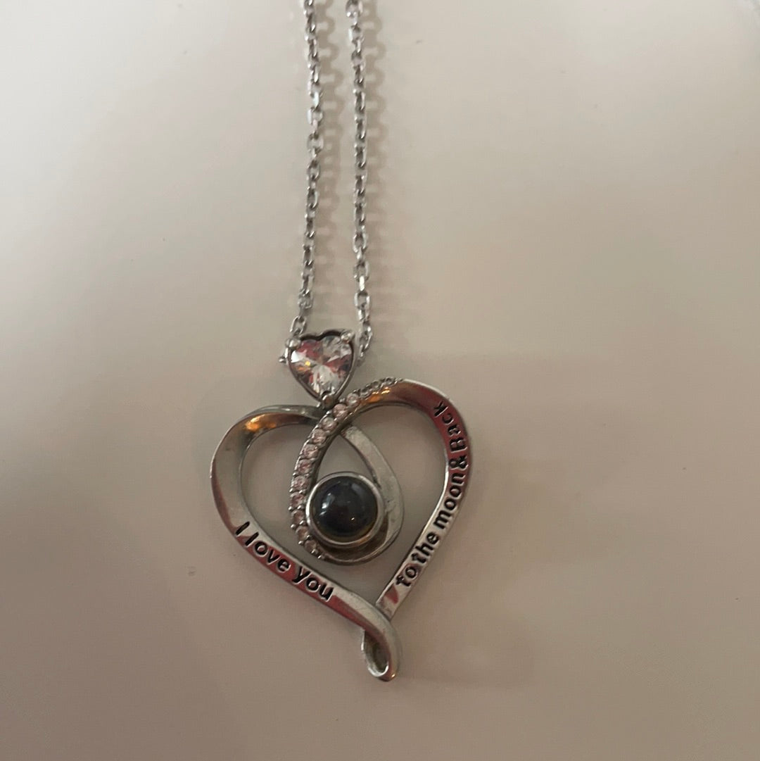 Sterling Silver Love Heart ' I Love you to the moon and back' CZ Necklace 50cm Silver Chain