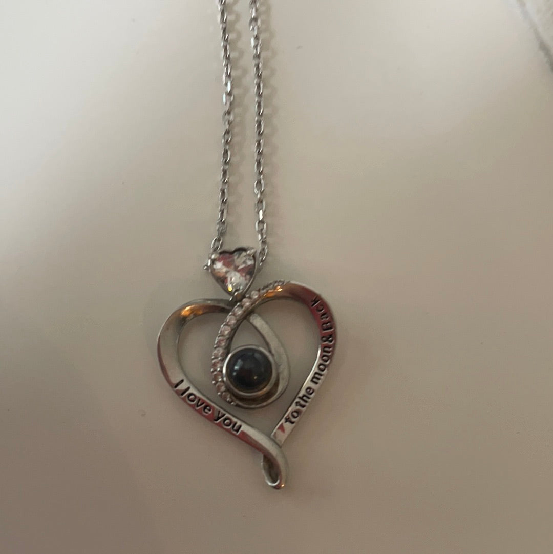 Sterling Silver Love Heart ' I Love you to the moon and back' CZ Necklace 50cm Silver Chain